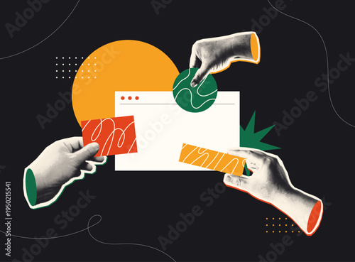 Trendy Halftone Collage style illustration of multiple hands contributing colorful design elements to a browser window, representing creative idea collaboration and teamwork concept.