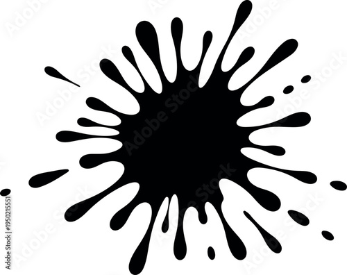 A black ink splash with liquid droplets spreading outwards, a dynamic graphic element representing fluid motion and abstract art