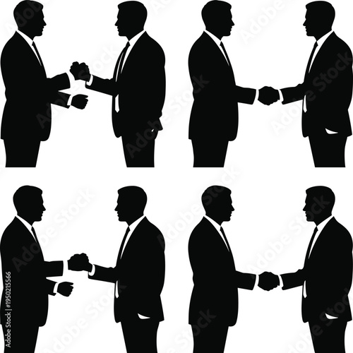 Two men shaking hands and fist bumping in business suits handshake black silhouettes