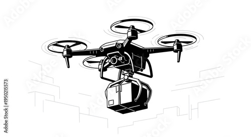 Modern drone carrying a package for delivery.