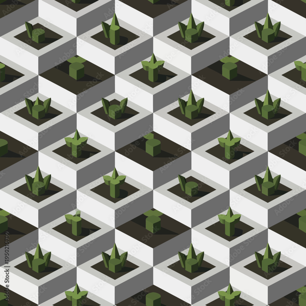 Obraz premium Abstract geometric pattern with green plants in white and black cubes.