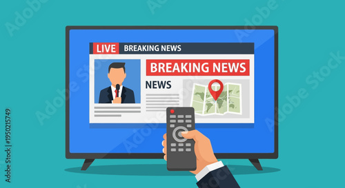 Hand holding remote control in front of a television displaying breaking news with a blue screen and a live broadcast on a teal background.