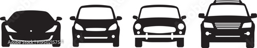 Black silhouette front view car icons with grille and headlights in simple vector design.