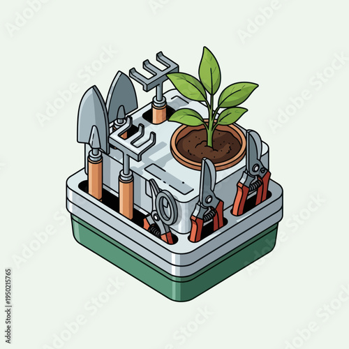 Gardening Tools and Plant Pot Isometric Illustration.