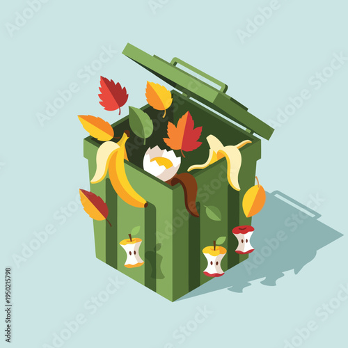 Green Compost Bin Overflowing with Organic Waste and Autumn Leaves.