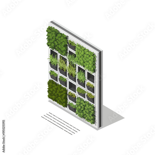 Isometric Vertical Garden with Lush Greenery and Irrigation System.