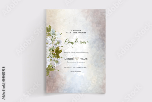 WEDDING INVITATION FRAME WITH FLOWER DECORATIONS AND FRESH LEAVES