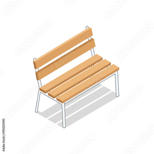 Isometric Wooden Park Bench Illustration on White Background.