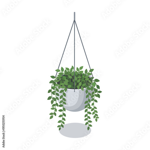 Lush Green Hanging Plant in White Pot, Decorative Indoor Foliage.