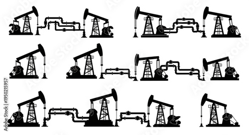 Silhouette Illustration of Oil Pumps and Pipelines for Energy Production.