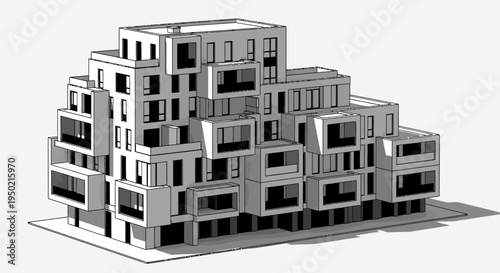 Modern residential building architecture drawing with clean lines and geometric shapes.