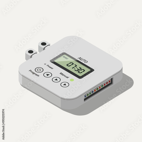 Modern Digital Irrigation Timer with LCD Display and Control Buttons.