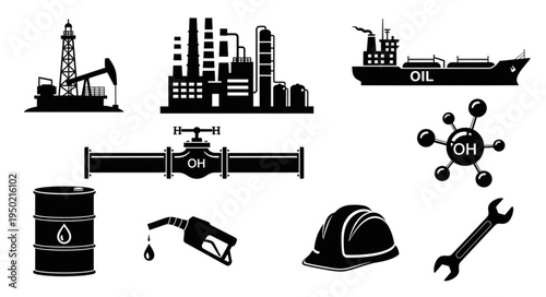 Oil and Gas Industry Icons - Extraction, Processing, and Transportation.