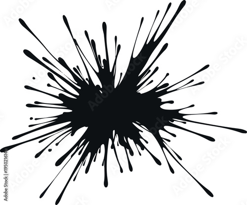 A black ink splash explodes outwards, creating a dynamic abstract design with numerous thin tendrils reaching into negative space
