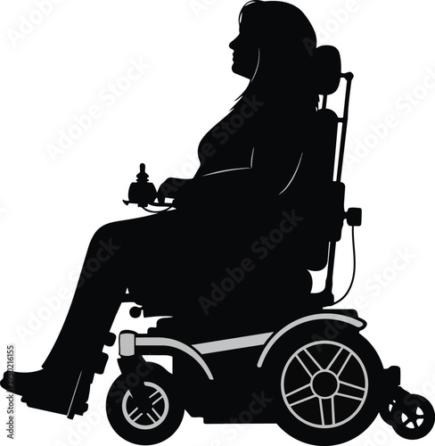  Black silhouette of person in motorized wheelchair with joystick control, accessibility design.