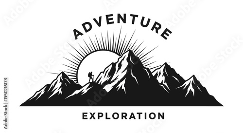 Mountain adventure exploration with sun and hiker silhouette.