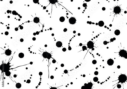 Abstract black ink splatters and drips on a white background, creating a chaotic yet artistic pattern perfect for design projects