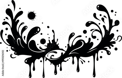 Decorative abstract black ink splash ornament with dripping elements and swirls for graphic design