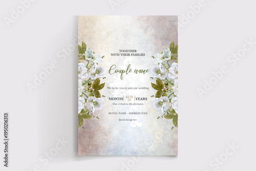 WEDDING INVITATION FRAME WITH FLOWER DECORATIONS AND FRESH LEAVES