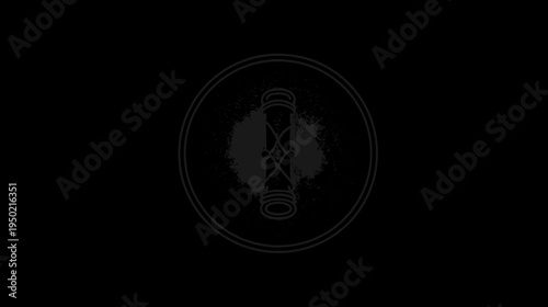 A grayscale circular emblem with a central cylindrical design over a textured backdrop