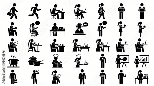 Business People Daily Activity Icon Set – Office Work Lifestyle Cooking Presentation Laptop Worker Pictogram Vector Collection
