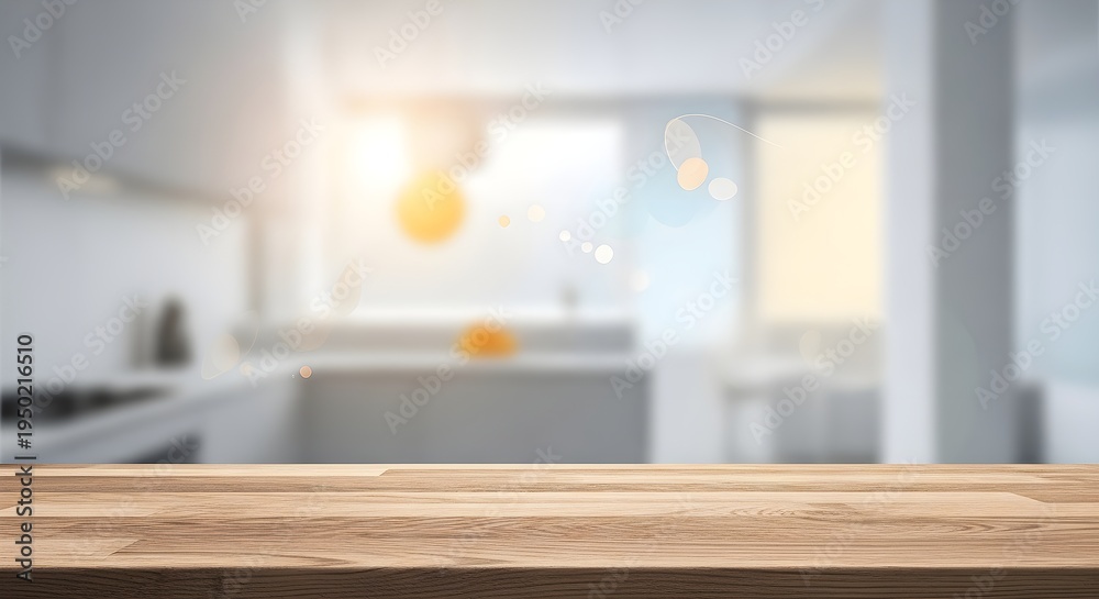 Fototapeta premium Stylish Wooden Table Surface in Bright Modern Kitchen Setting, Ideal for Product Showcase
