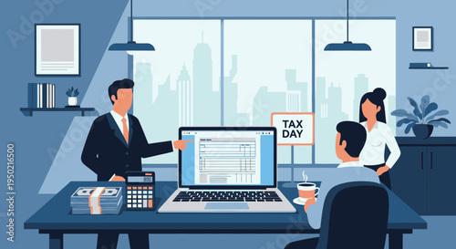 Flat Illustration Finance Banner of Corporate Workspace on Tax Day