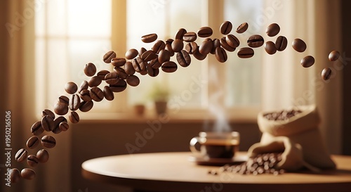 Roasted coffee beans dynamically arc over a table featuring a steaming beverage and burlap sacks.