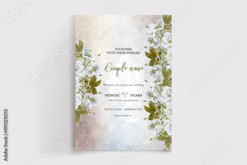 WEDDING INVITATION FRAME WITH FLOWER DECORATIONS AND FRESH LEAVES