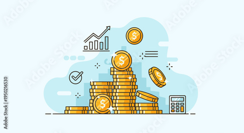 Flat Illustration of Financial Success with Rising Tax Refund Coins