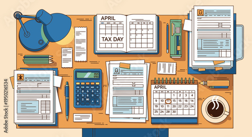 Flat design accountant desk illustration with tax day papers and calculator