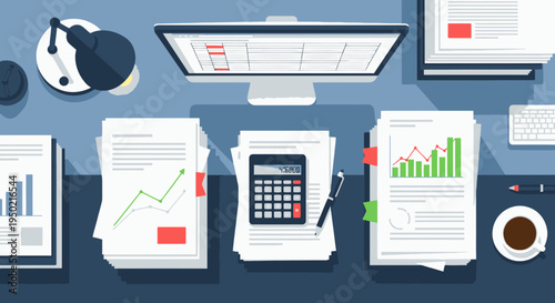 Flat Illustration Corporate Accountant Desk Icon with Papers and Calculator