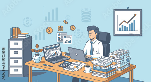 Flat Vector Illustration Finance Banner Featuring Accountant Desk Scene