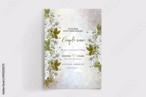 WEDDING INVITATION FRAME WITH FLOWER DECORATIONS AND FRESH LEAVES