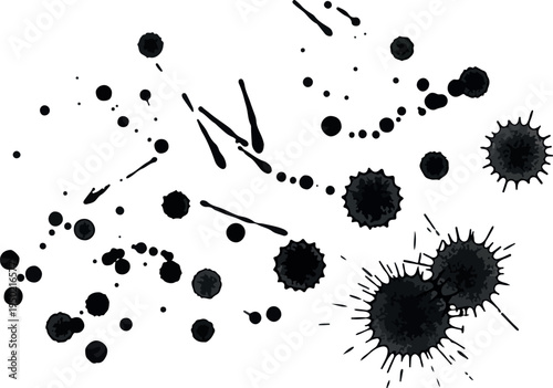 Abstract black ink splashes and splatters on a white background, evoking a sense of dynamic movement and artistic expression