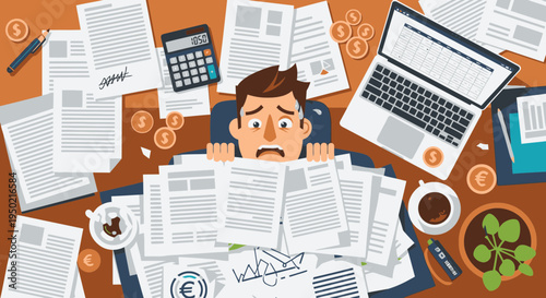 Flat design stressed accountant workspace with papers and coins vector illustration