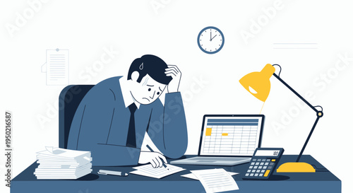 Flat design stressed accountant scene with papers and laptop illustration