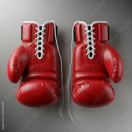 Pair of bright red leather striking gloves hangs vertically against a neutral backdrop