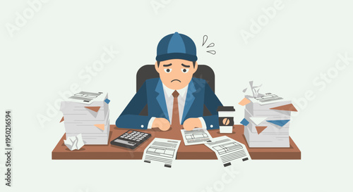 Flat design stressed worker icon on tax day with messy desk and minimal shapes illustration