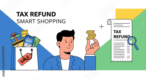 Flat Design Tax Refund Smart Shopping Banner with Person Holding Coins Illustration