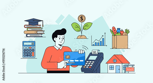Flat Design Tax Refund Spending Wisely Concept with Person Using Credit Card Illustration