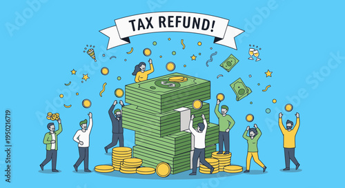 Flat Design Tax Refund Celebration with Growing Money Stack Illustration