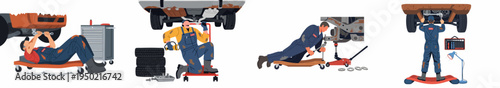 Set of vector illustrations of professional auto mechanics repairing old rusty cars in a garage using various tools and equipment.