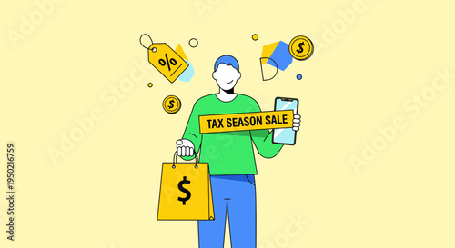 Flat Design Tax Season Sale Concept Person with Shopping Bag and Smartphone