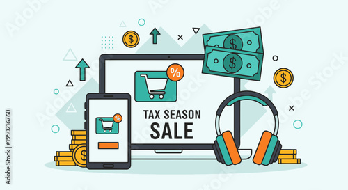Flat Design Tax Season Sale Illustration Laptop Smartphone and Headphones