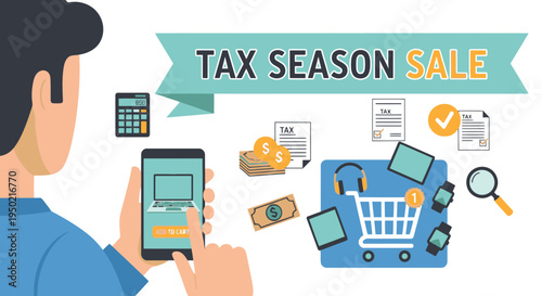 Flat Design Illustration of Person Adding Electronics to Online Cart During Tax Season Sale