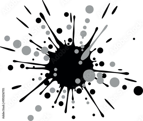Abstract black and gray ink splatter illustration with circular shapes and lines representing a burst of creative energy and dynamic motion