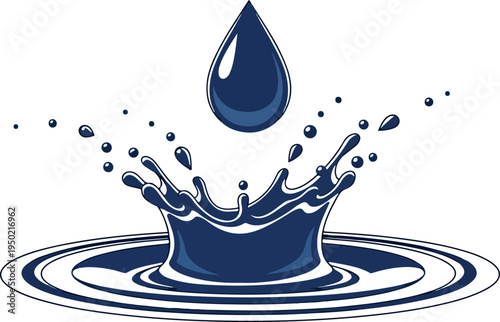 A solitary deep blue drop of liquid gracefully falls into a tranquil body of water, creating a mesmerizing splash with concentric ripples