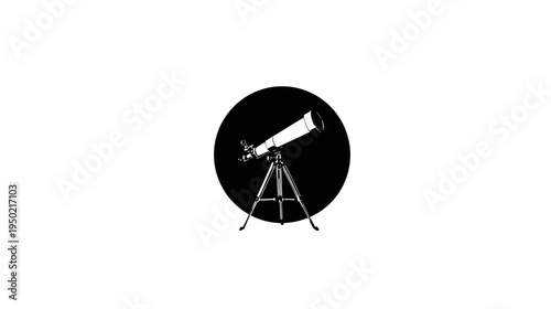 A white telescope silhouette on a black circle, centered on a white background