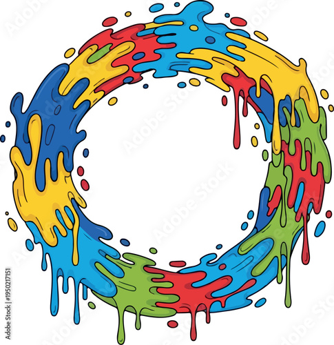 A vibrant, multi-colored ring of liquid paint splatters and drips, creating a circular frame with a playful, artistic, and energetic feel, perfect for creative projects